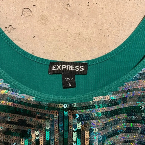 Express Tank Top Shirt Size Large Sequin Front Sexy Bright Bold Green 80s Y2K - Picture 3 of 7